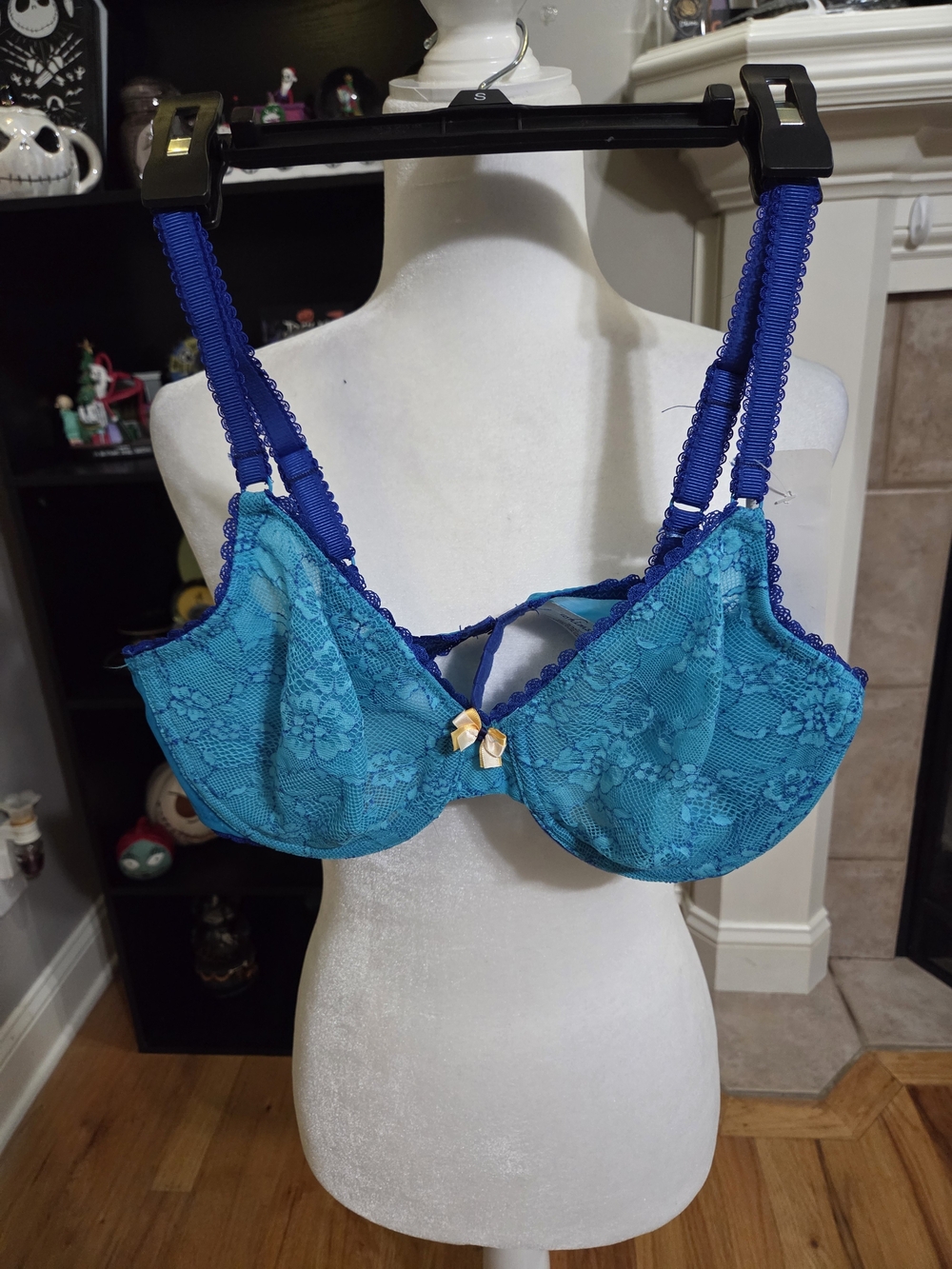 Teal Lace Underwire Bra with Contrast Straps and Bow
